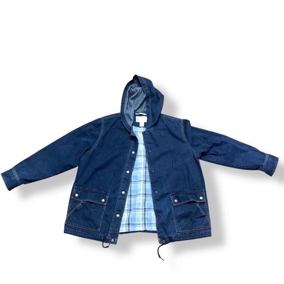Eddie Bauer Women’s Jacket Barn Chore Blue Jean Hooded Lined Sz L Patch Pockets - Picture 1 of 14